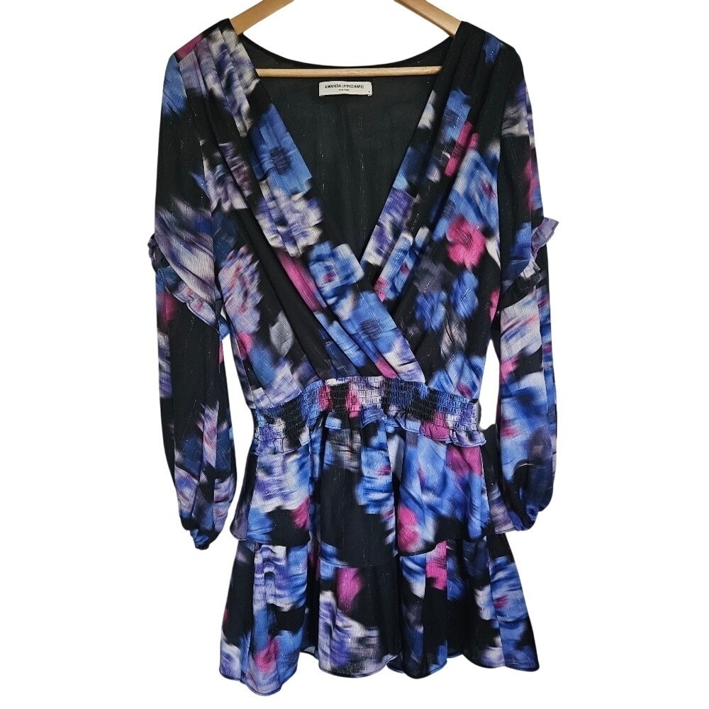 Amanda Uprichard Lowen Ruffled Floral Long Sleeve Mini Dress Violetta M Medium